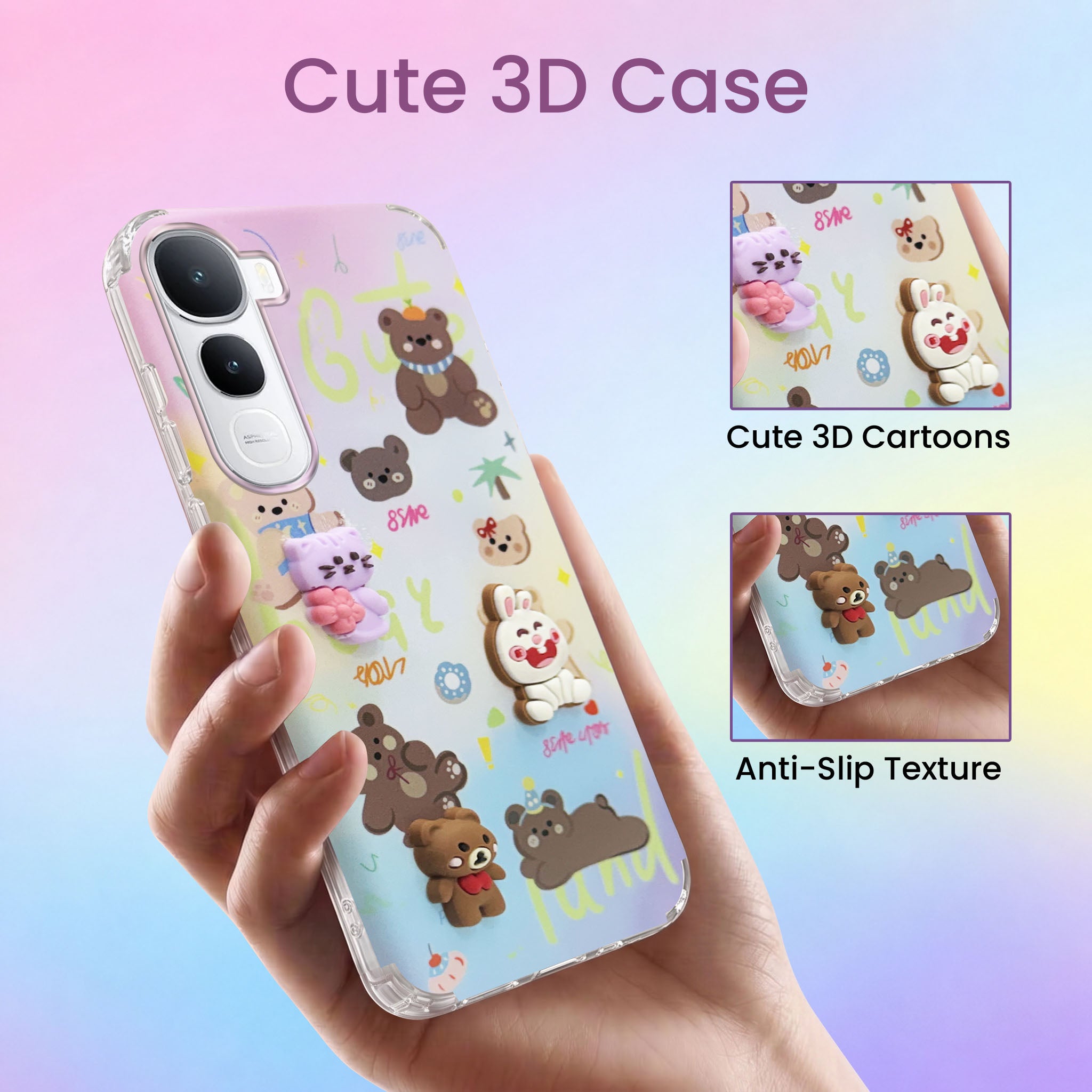 For Vivo Y400 Back Cover Case (3D Cute Cartoons | Hard Back Side Soft | Matte Premium Finish | HD Printing)