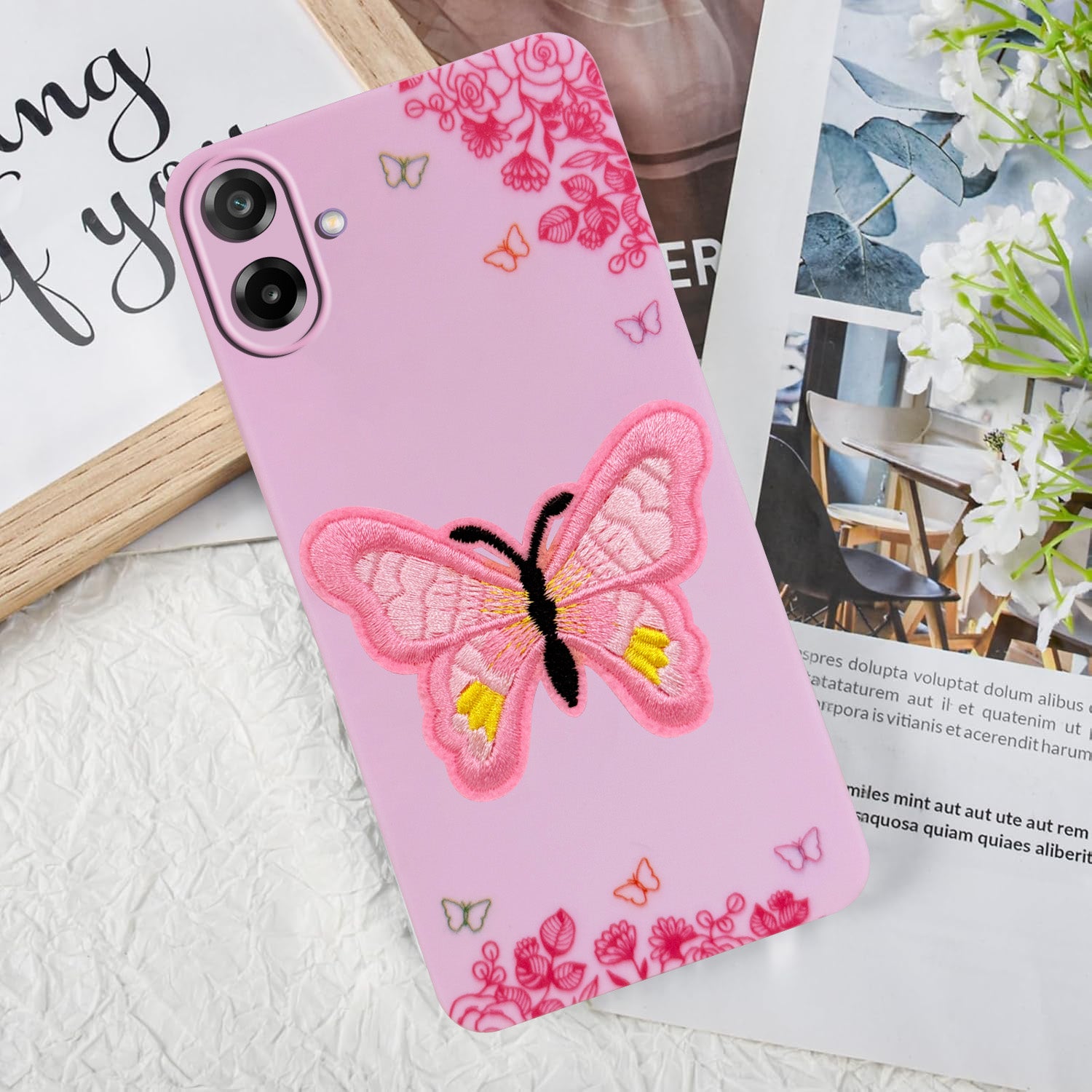 For Samsung Galaxy M17e Back Cover Case (Soft Butterfly Embroidery | Women Teen Girls | Camera Protection| Matte Silicone)