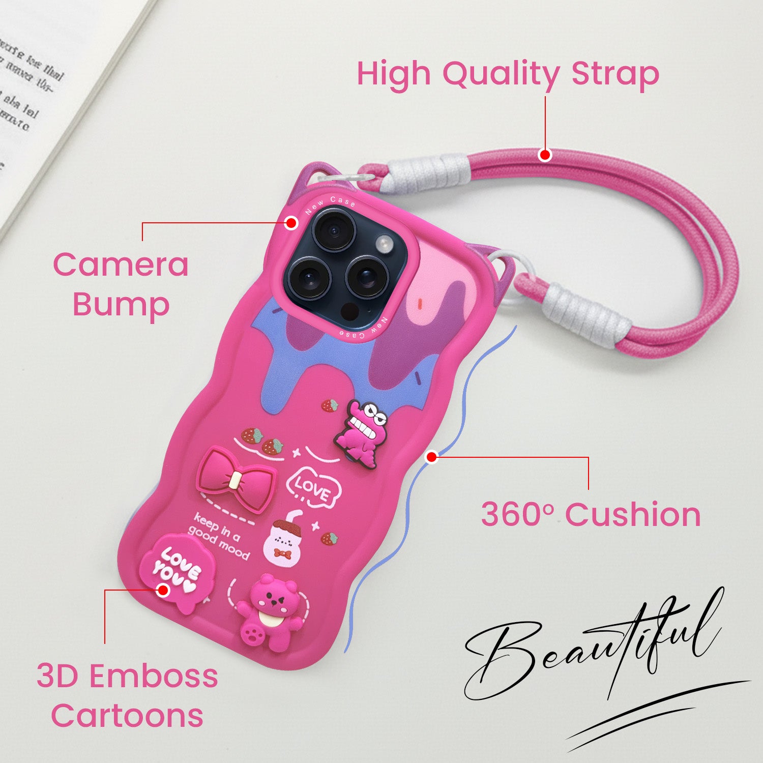 For Apple iPhone 15 Pro Back Case Cover Strap(3D Embossed Figures | Strap Holder | 360* Soft Cushion with Camera Bump)