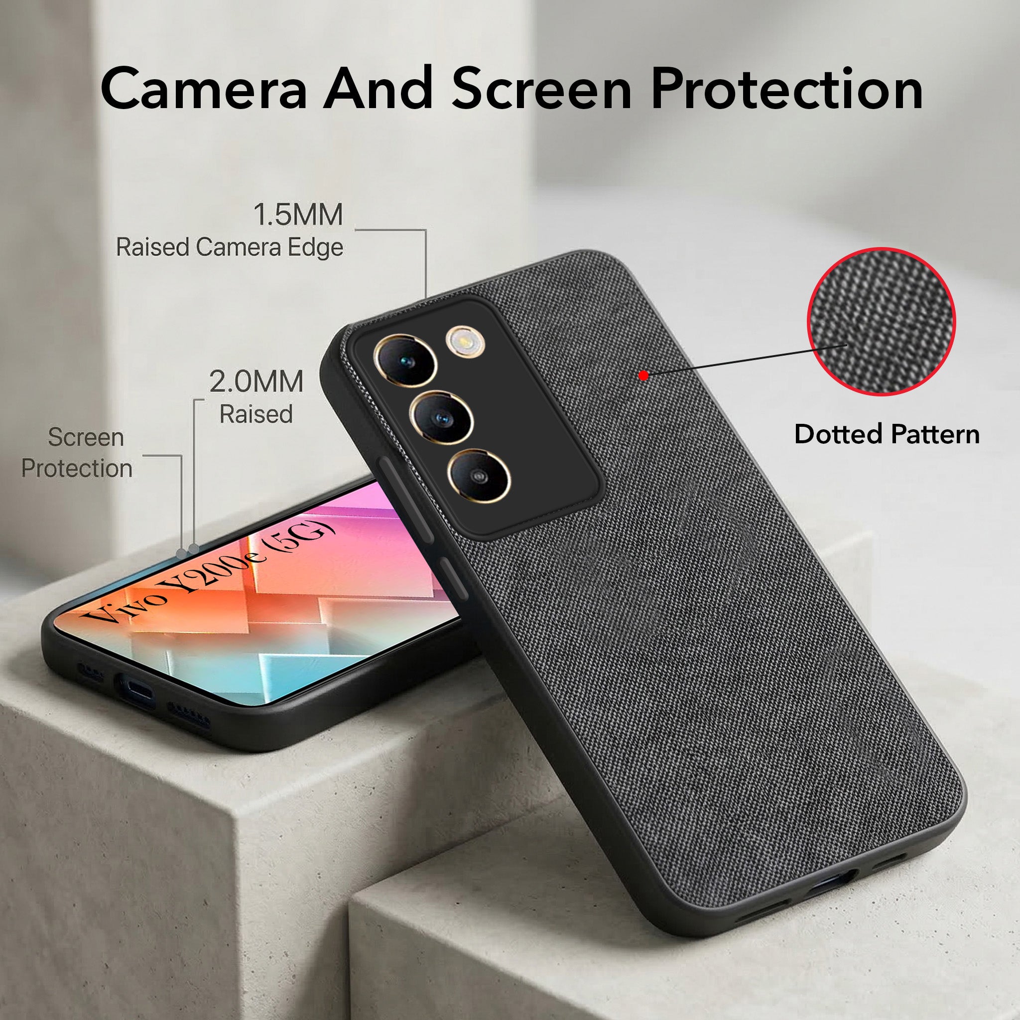 For Vivo Y200e Combo with Back Cover and 9H Tempered Glass (Textured Grip Design | Micro-Fiber Cloth Inside | Oleophobic Coating Screen Glass)