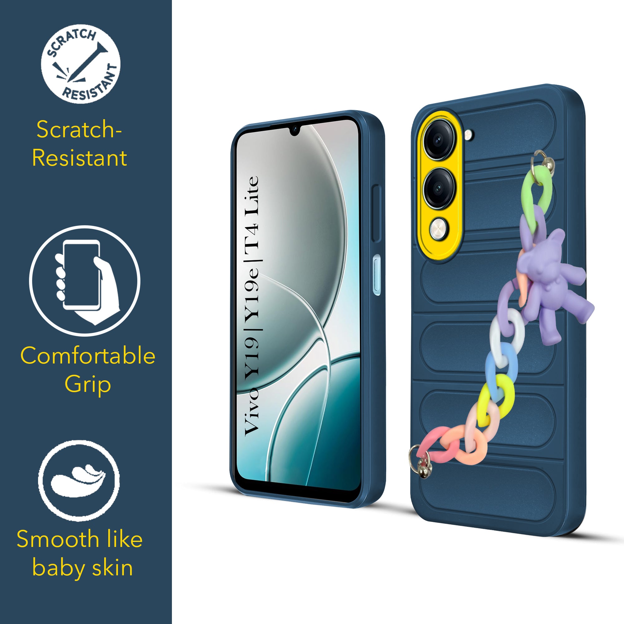 For Vivo Y19 | Vivo Y19e | Vivo T4 Lite Back Cover Case (Wrist Hanging Chain | Teddy Bracelet Charms | Matte Liquid Silicone | Camera Protection Ring)
