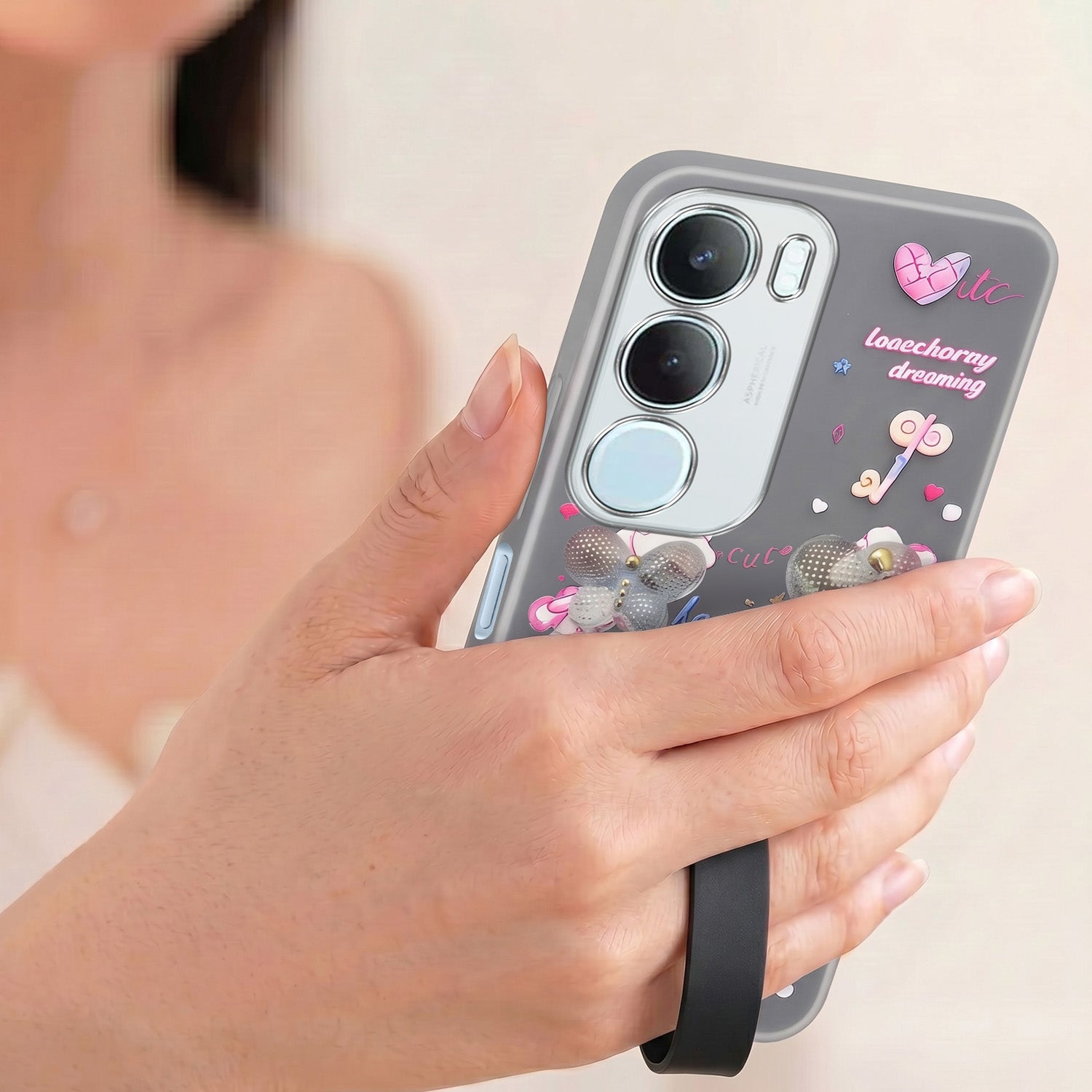 For Vivo Y29 Back Cover Case (3D Cute Heart Strap Holder | Camera Protection | Designer Girls Print)