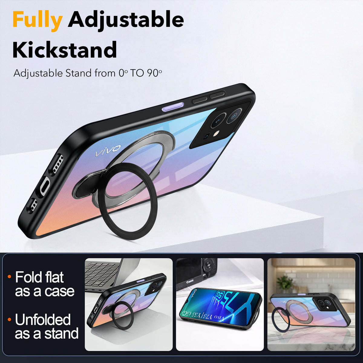 For Vivo Y75 5G | Y55 5G Back Cover Case (Kick Stand Ring Holder | Life time Anti Yellow | Camera Protection)
