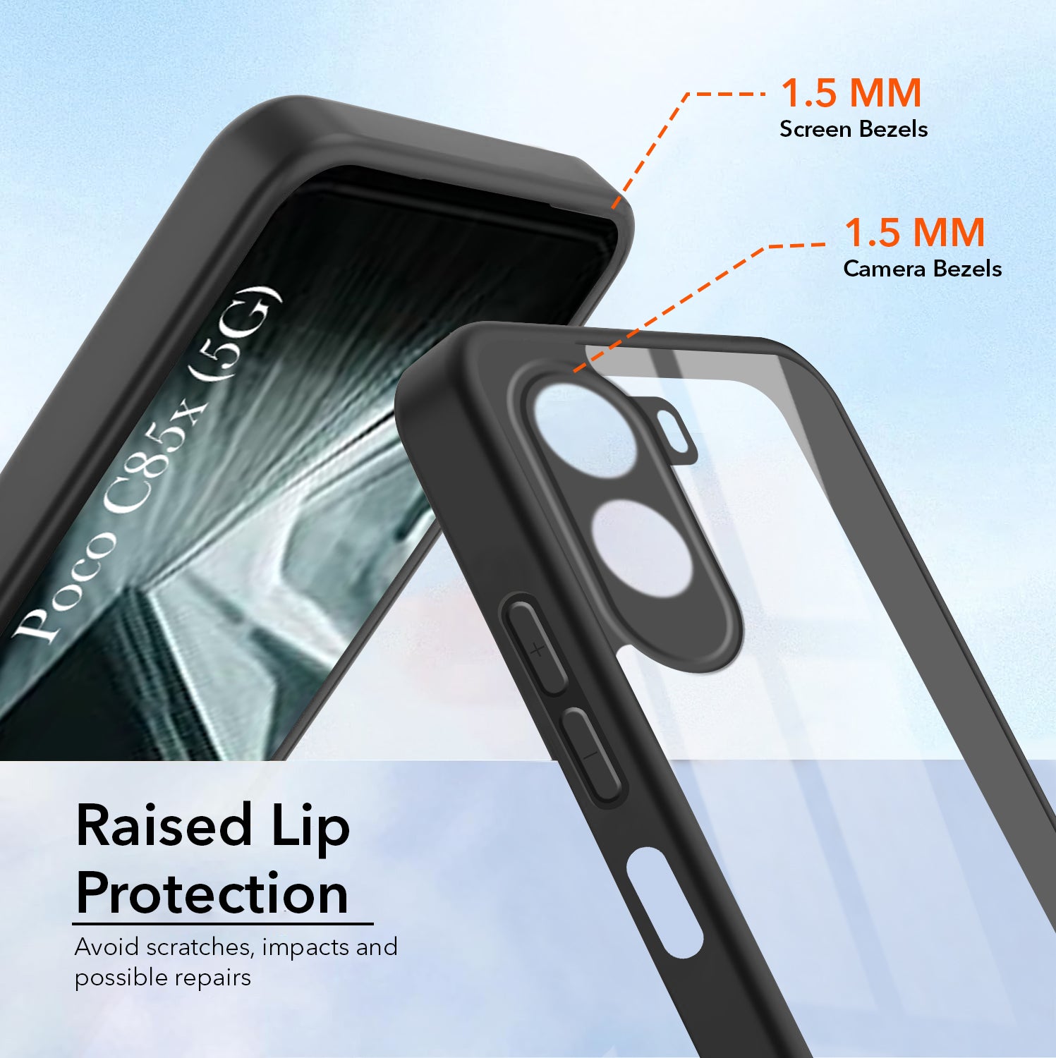 For Poco C85x 5G Combo with Back Cover and 9H Tempered Glass (Lifetime Anti-Yellow | Crystal Clear Shockproof | Oleophobic Coating Screen Glass)