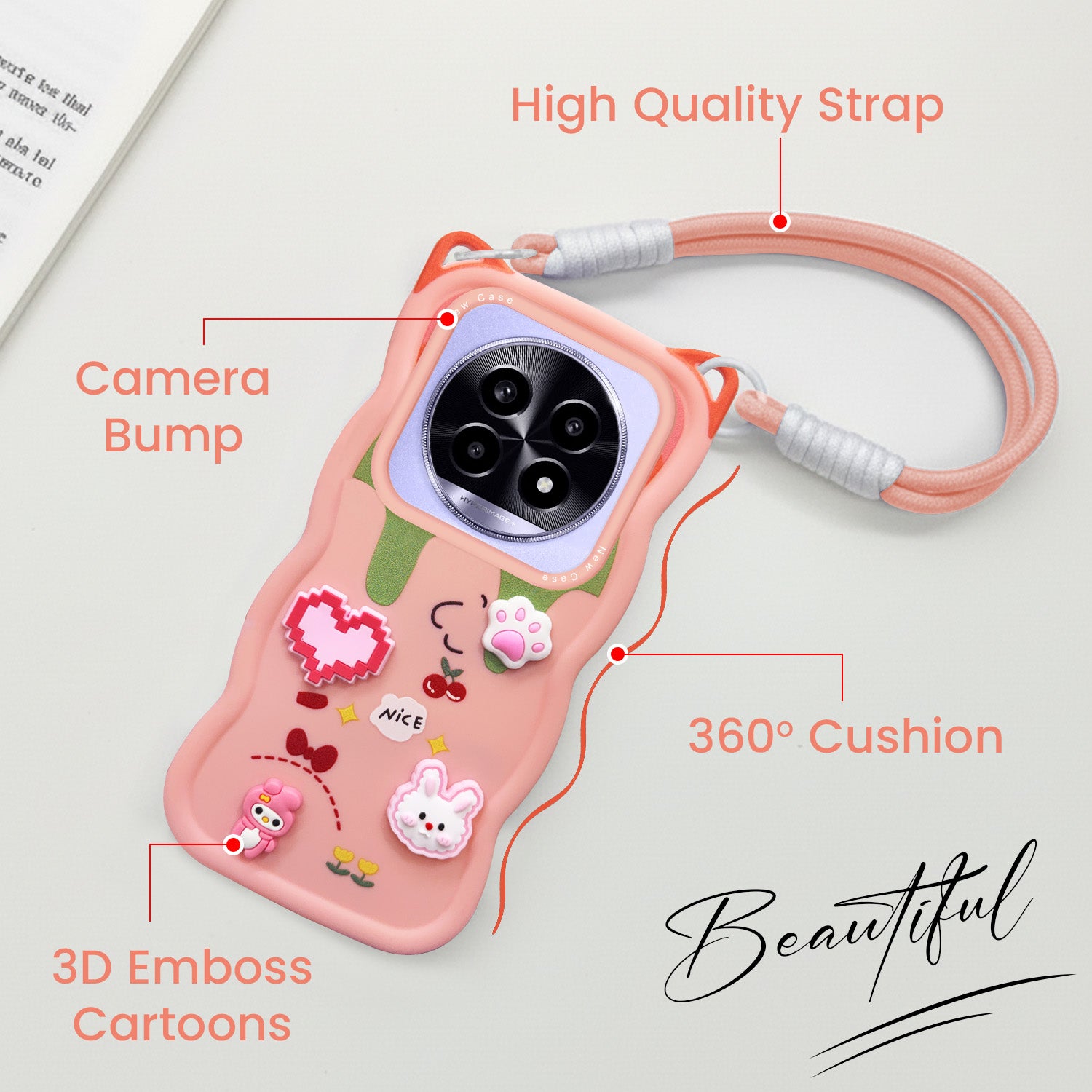 For Realme 13 Pro | Realme 13 Pro Plus 5G Back Case Cover Strap(3D embossed Figures | Strap Holder | 360* Soft Cushion with Camera Bump)