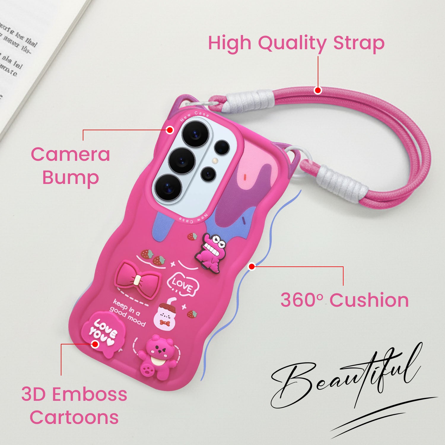 For Samsung Galaxy S26 Ultra Back Case Cover Strap (3D embossed Figures | Strap Holder | 360* Soft Cushion with Camera Bump)