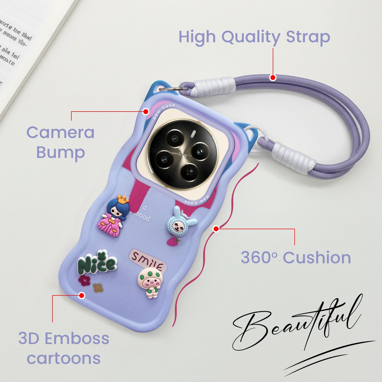 For Realme Narzo 70 Pro Back Case Cover Strap (3D Embossed Figures | Strap Holder | 360* Soft Cushion with Camera Bump)