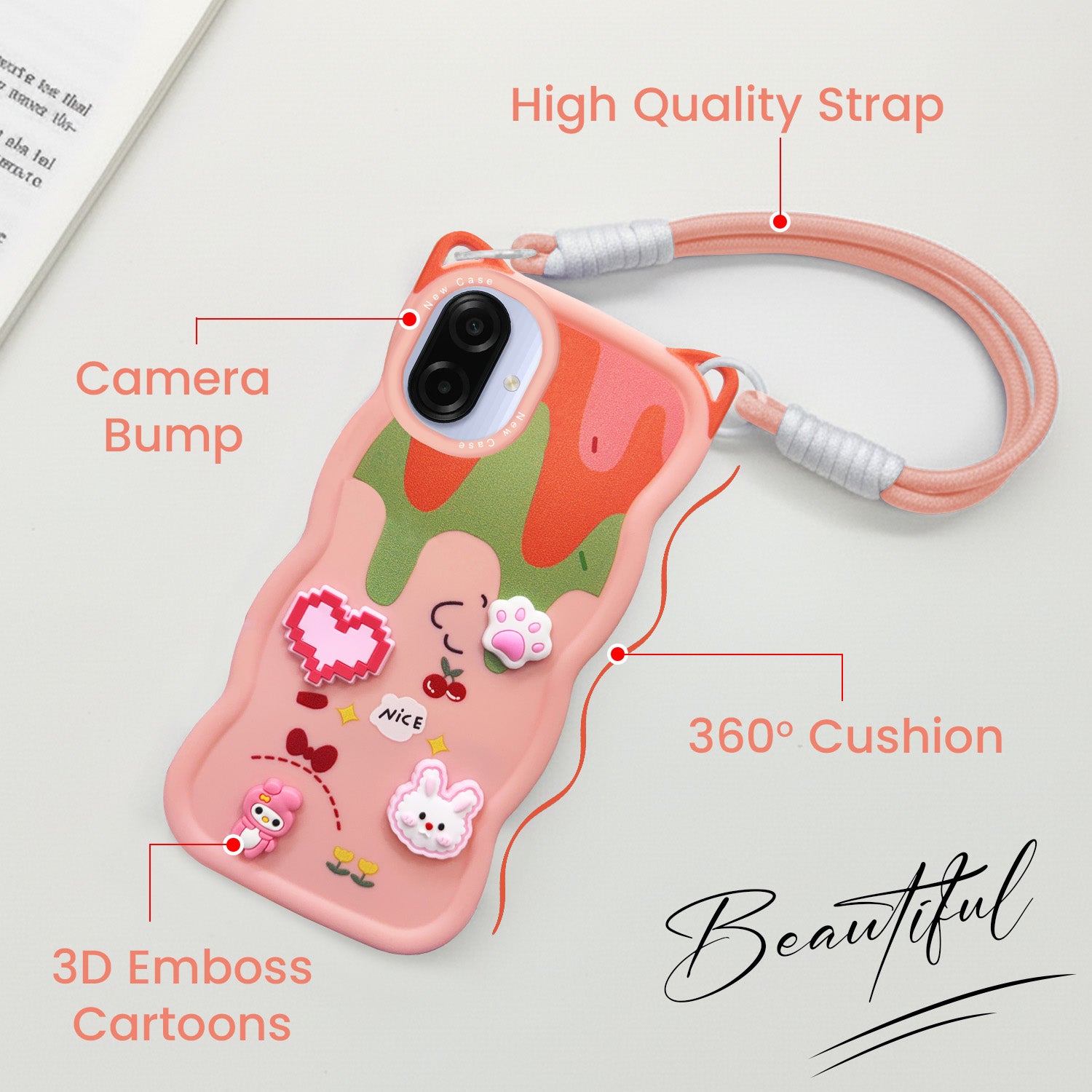 For Samsung Galaxy A07 | F70e 5G Strap Back Case Cover (3D embossed Figures | Strap Holder | 360* Soft Cushion with Camera Bump)