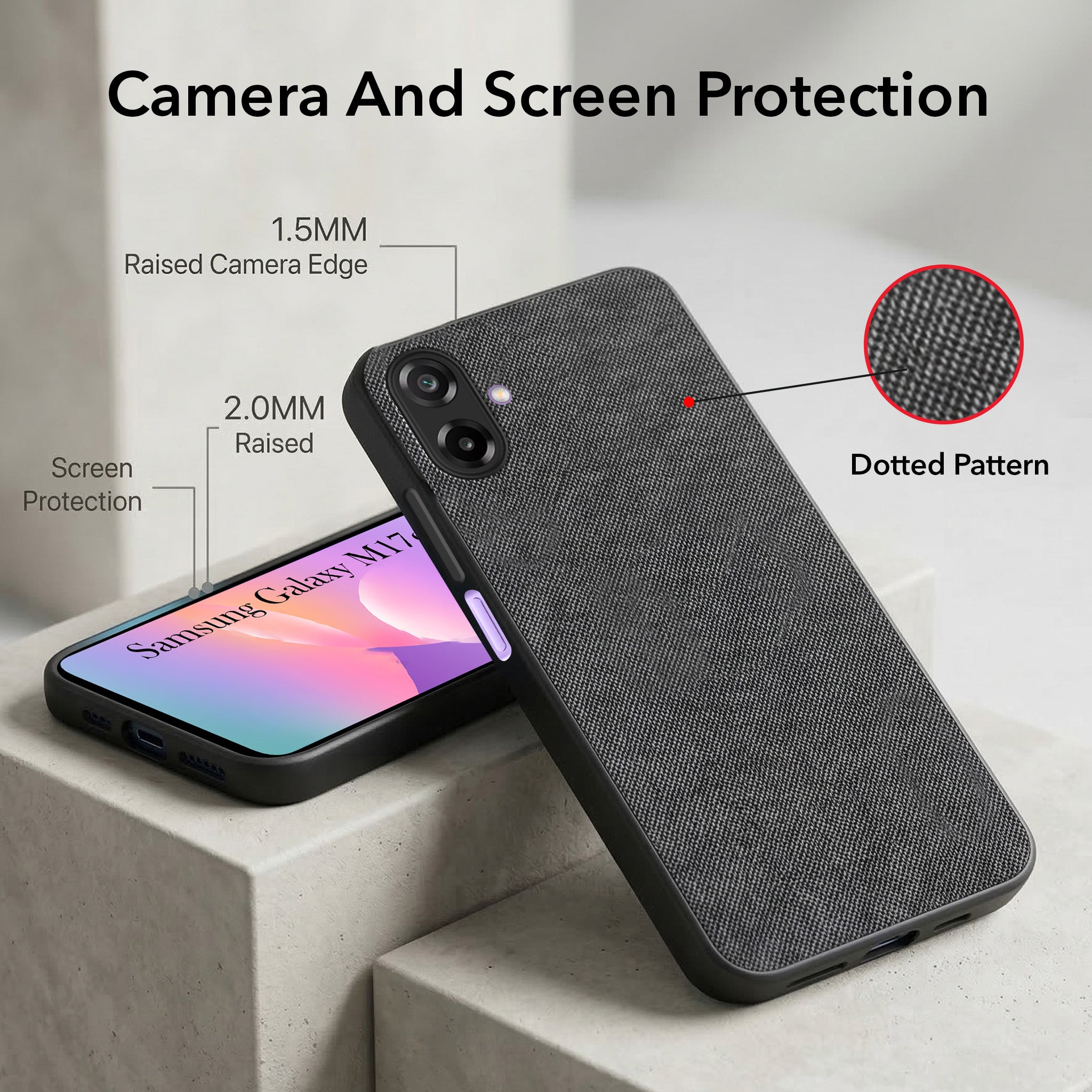 For Samsung Galaxy M17e Combo (Textured Grip Design | Micro-Fiber Cloth Inside | Oleophobic Coating Screen Glass)