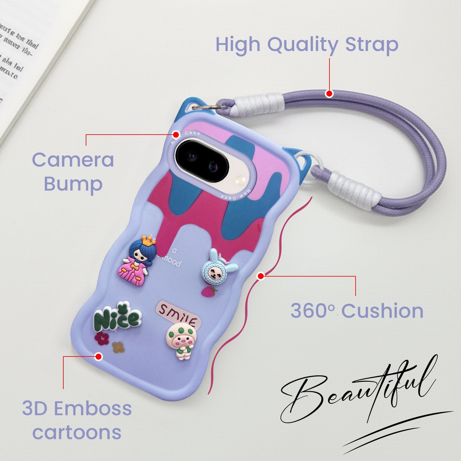 For Google Pixel 9A Back Case Cover Strap (3D Embossed Figures | Strap Holder | 360* Soft Cushion with Camera Bump)