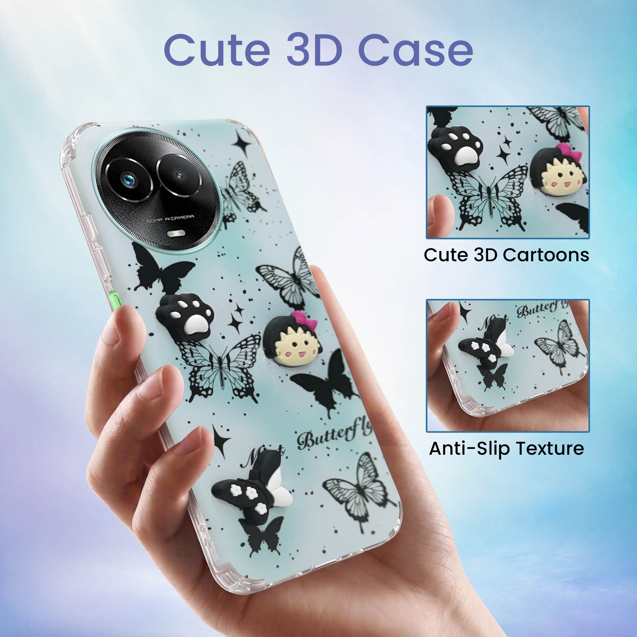 For Realme C67 Back Cover Case (3D Cute Cartoons | Hard Back Side Soft | Matte Premium Finish | HD Printing)