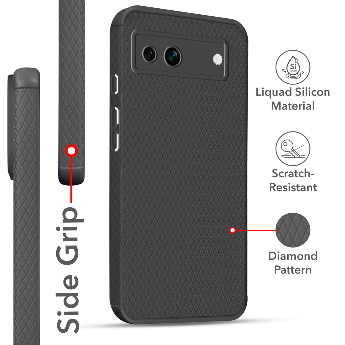For Google Pixel 7a Back Cover Case Liquid Silicone (Camera Protection | Side Grip Texture | Soft and Flexible)