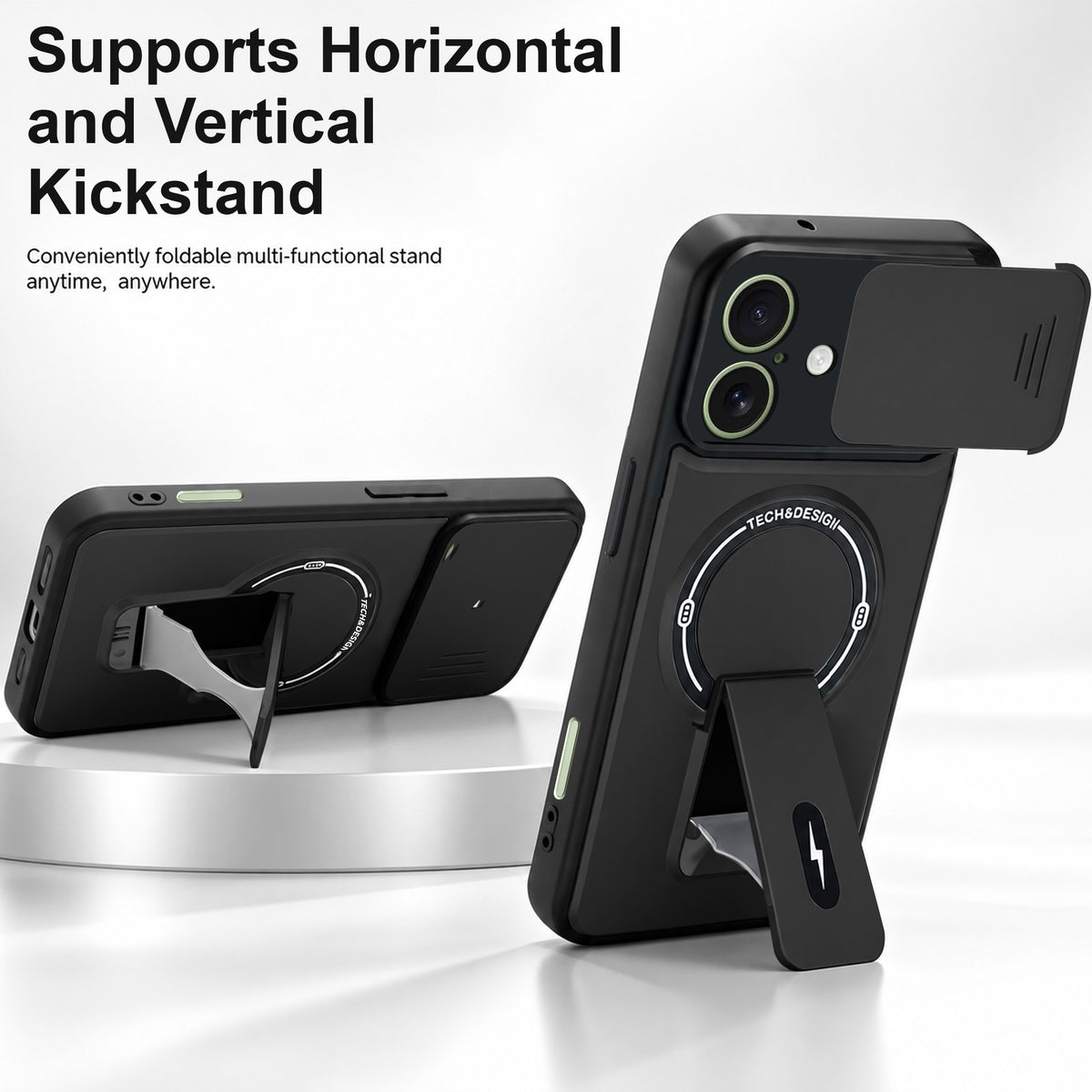 For Apple iPhone 16 Back Case Cover Metallic (Hybrid Armor Kickstand | Sliding Shutter Camera Protection | MagSafe Compatible)