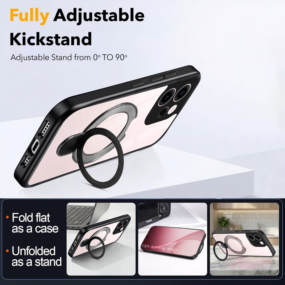 For Oppo Reno 15c Back Cover Case (Kick Stand Ring Holder | Life time Anti Yellow | Camera Protection)