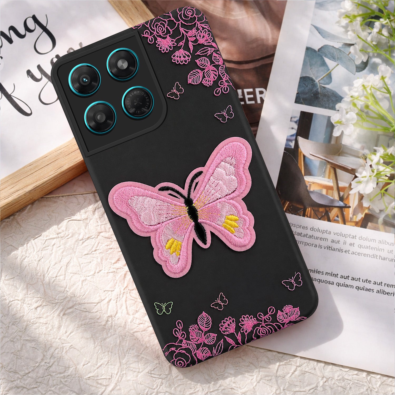 For Motorola Moto G37 Power Back Cover Case (Soft Butterfly Embroidery | Women Teen Girls | Camera Protection| Matte Silicone)