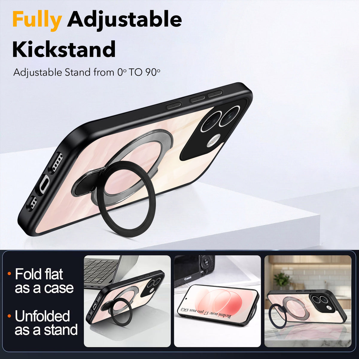 For Redmi Note 17 Pro Max 5G Back Cover Case (Kick Stand Ring Holder | Life time Anti Yellow | Camera Protection)