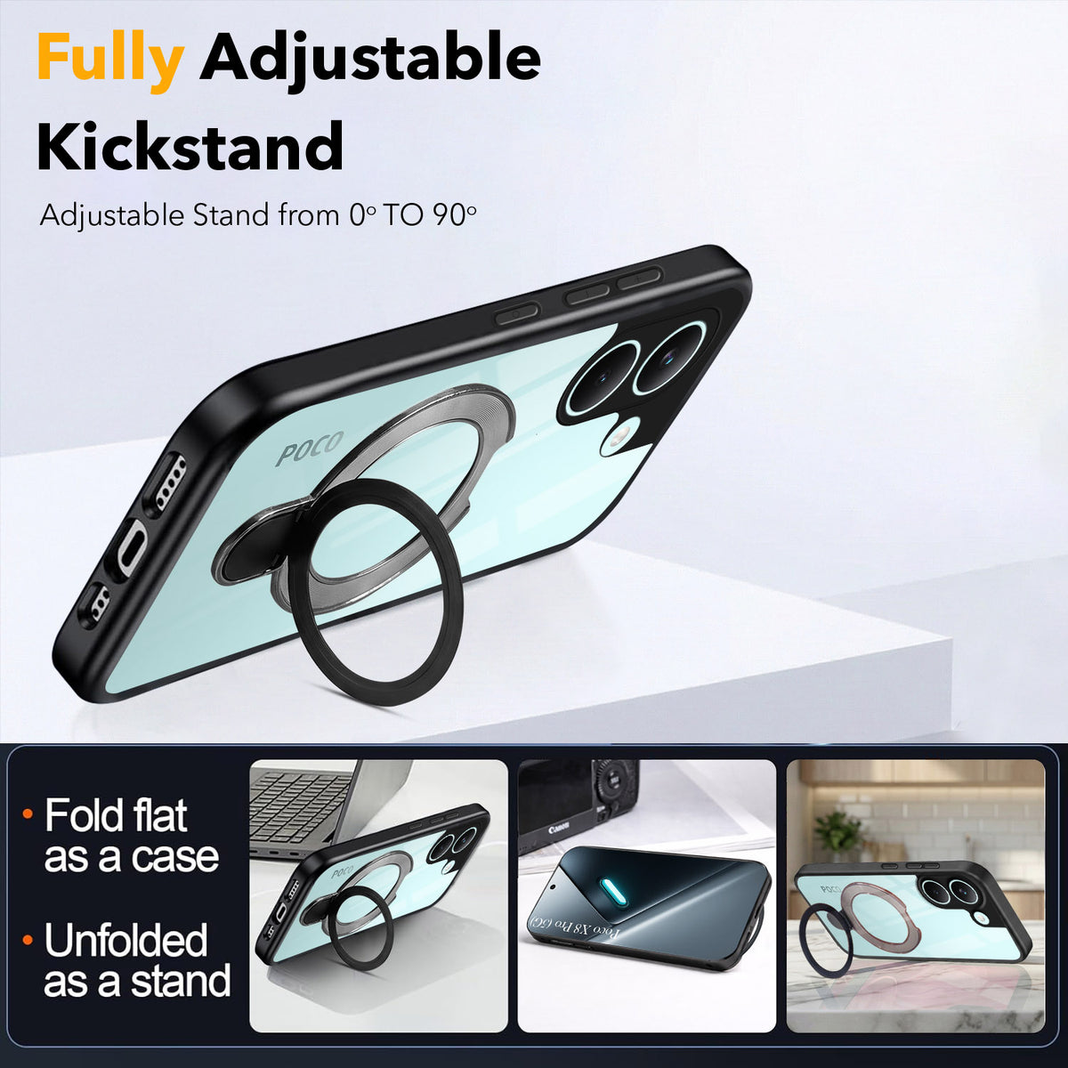 For Poco X8 Pro Back Cover Case (Kick Stand Ring Holder | Life time Anti Yellow | Camera Protection)