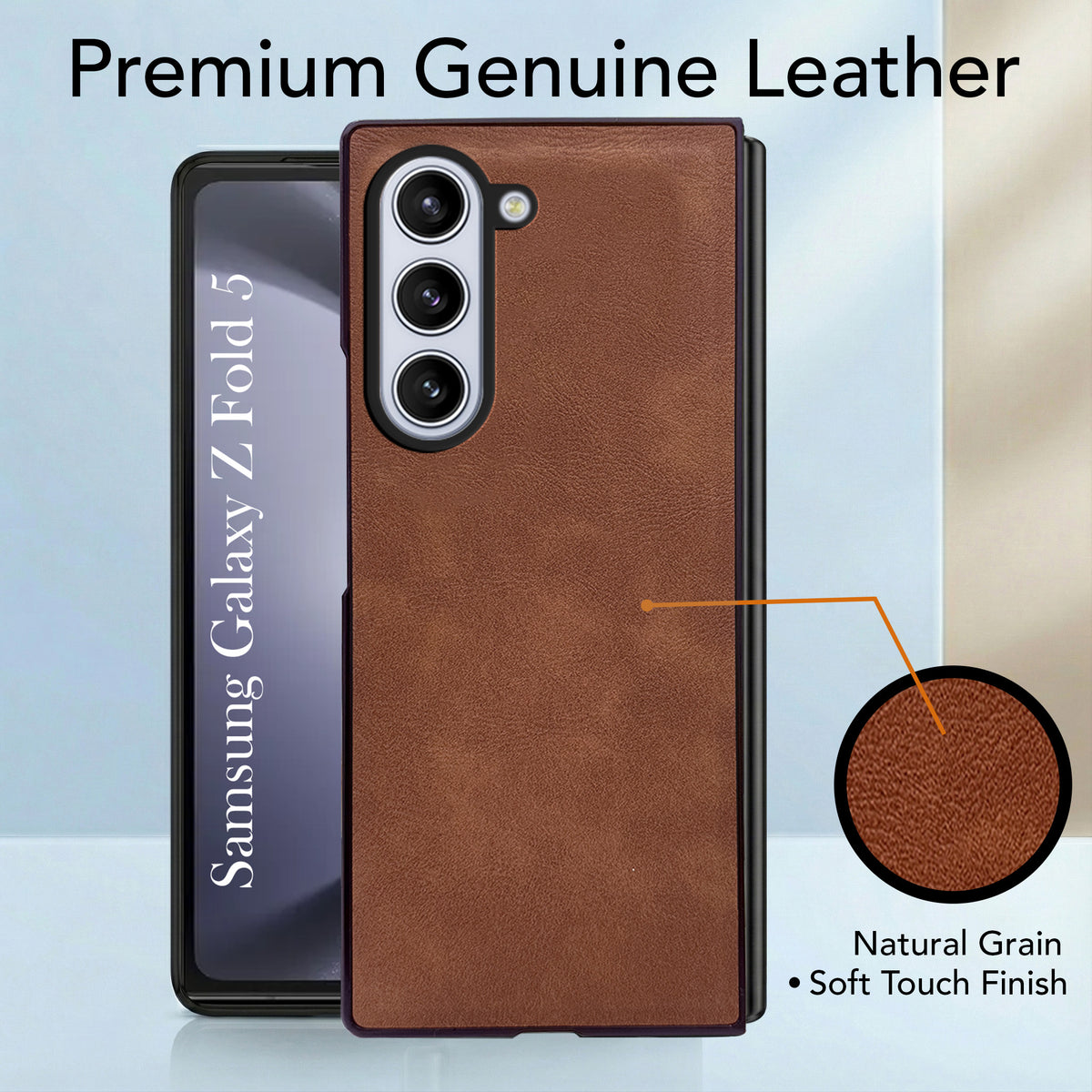 For Samsung Galaxy Z Fold 5 Back Case Cover Premium Genuine Leather (Integrated Front Screen Protector | Inside Microfiber Cloth)