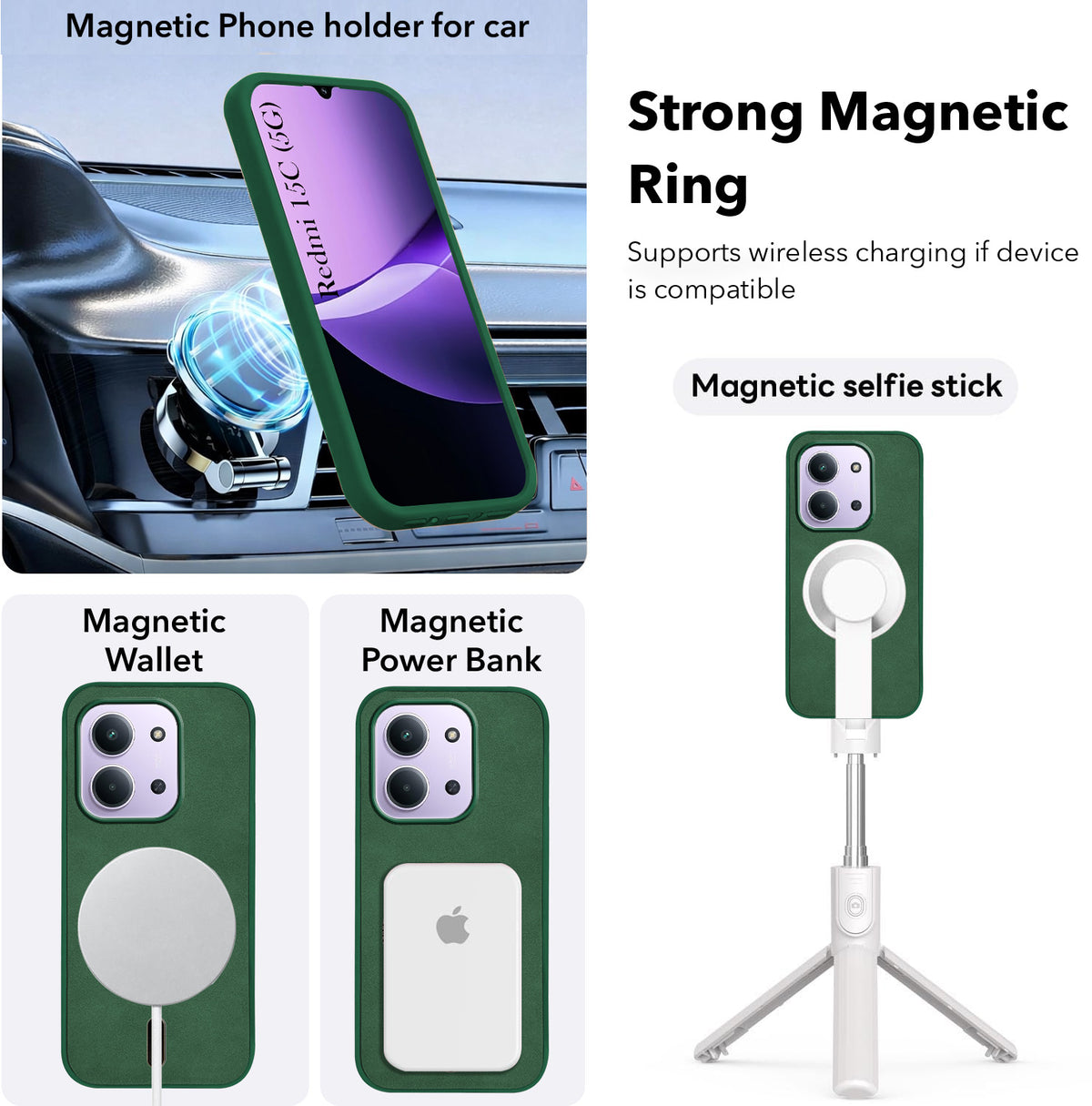 For Redmi 15C Back Cover Case Leather Finish (MagSafe Compatible Wireless Charging | Soft Touch | Camera Bump Protection)