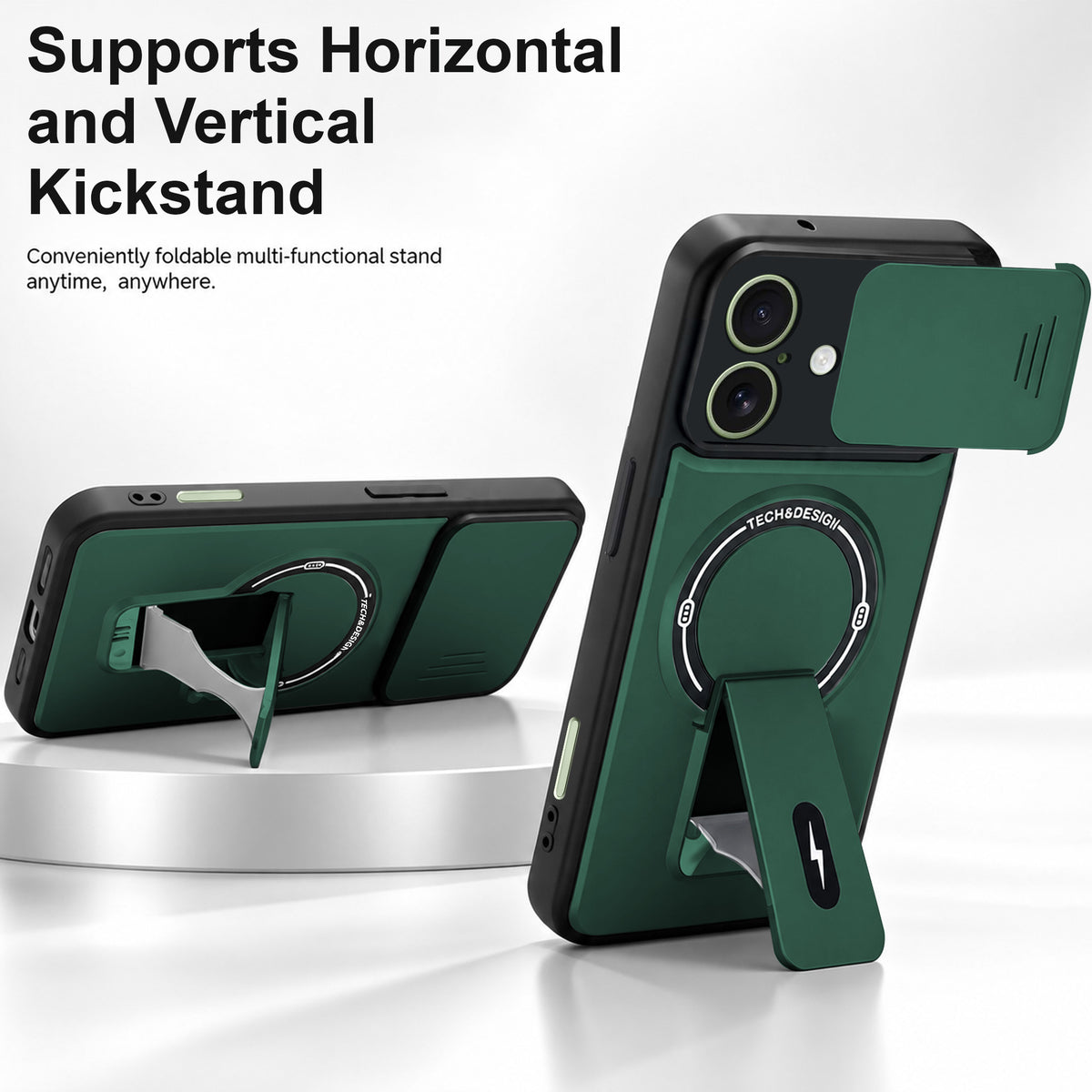 For Apple iPhone 16 Back Case Cover Metallic (Hybrid Armor Kickstand | Sliding Shutter Camera Protection | MagSafe Compatible)