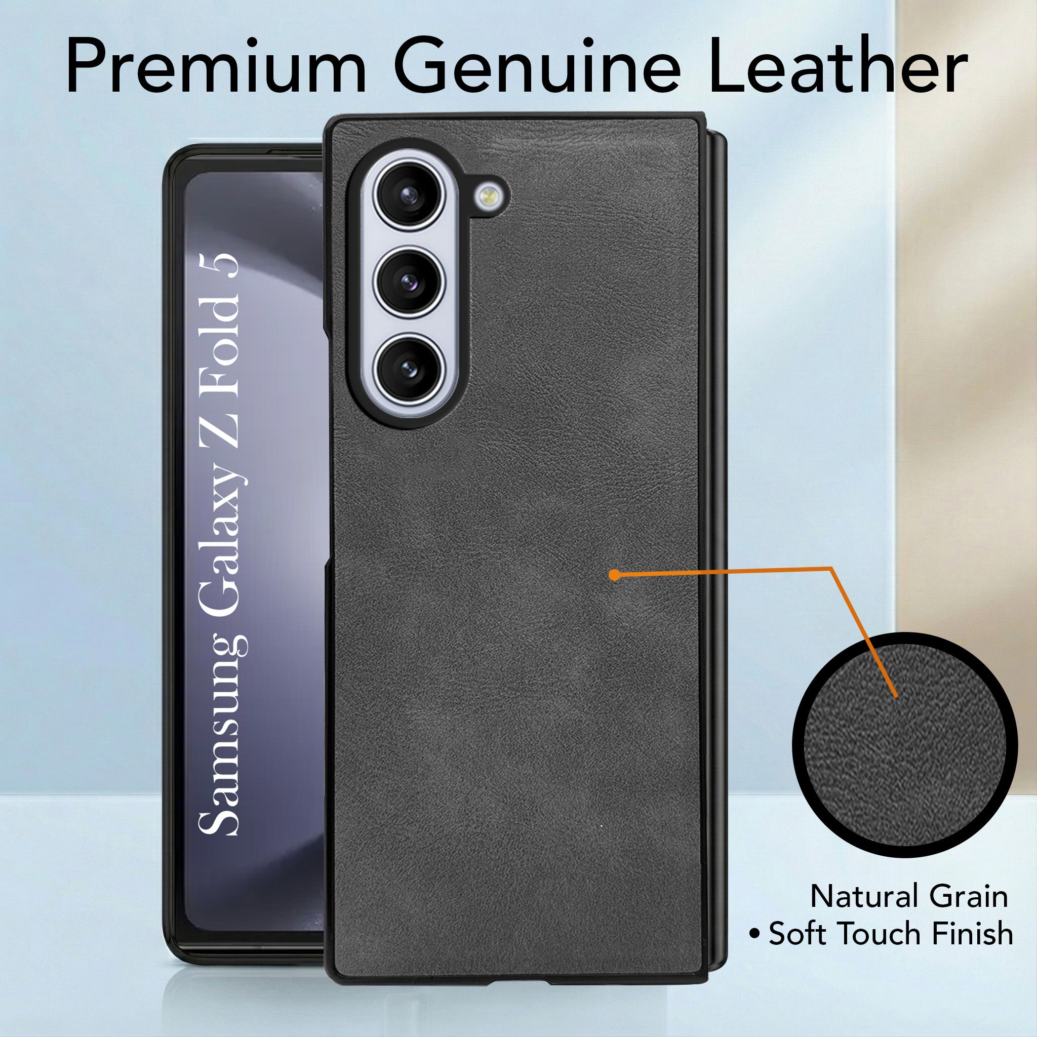 For Samsung Galaxy Z Fold 5 Back Case Cover Premium Genuine Leather (Integrated Front Screen Protector | Inside Microfiber Cloth)