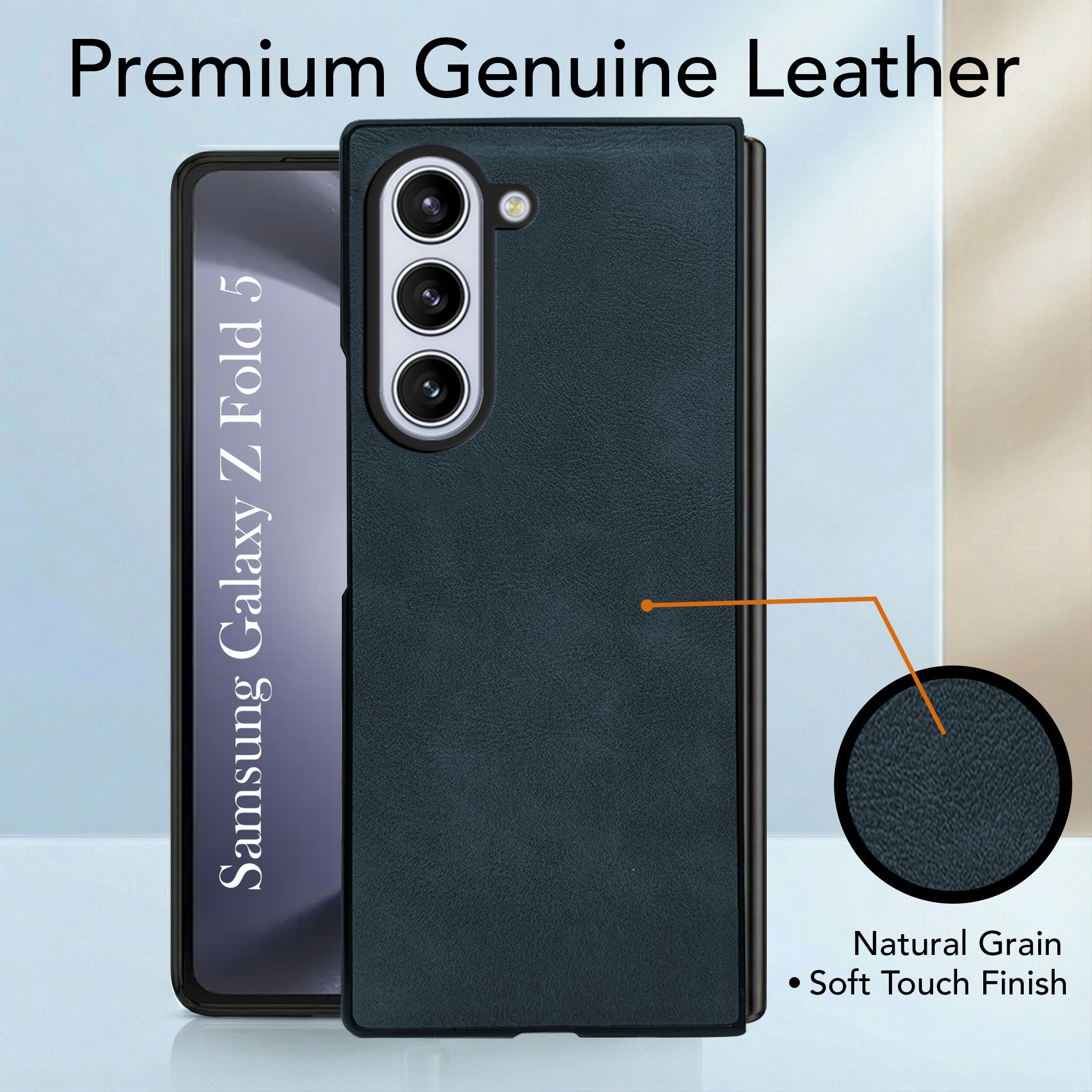 For Samsung Galaxy Z Fold 5 Back Case Cover Premium Genuine Leather (Integrated Front Screen Protector | Inside Microfiber Cloth)