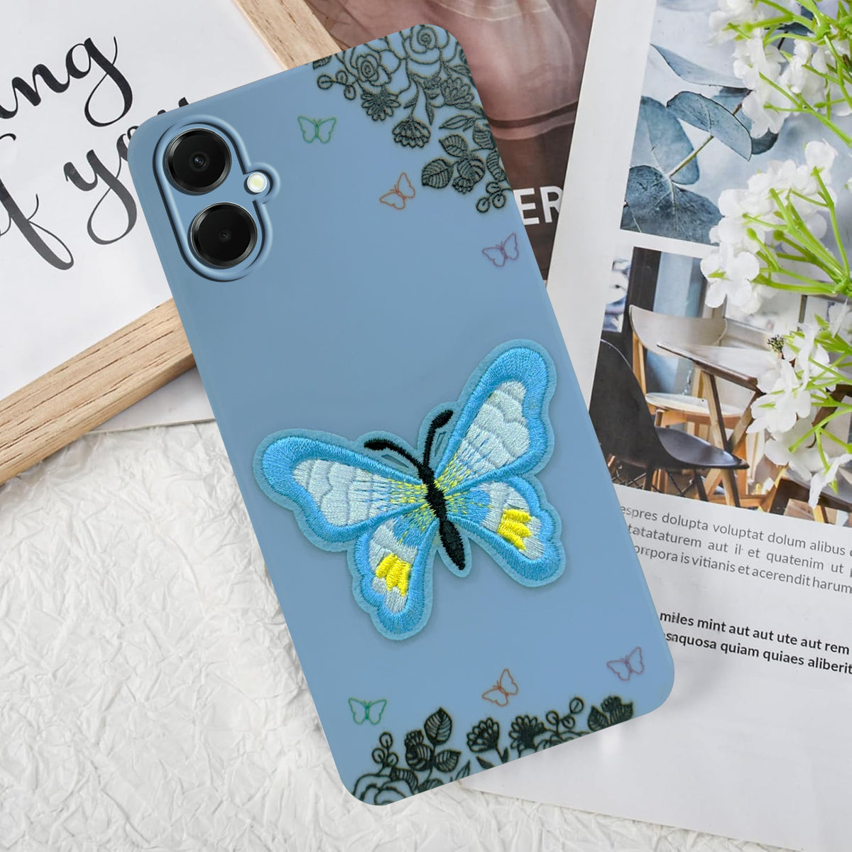 For Samsung Galaxy A06 Back Cover Case (Soft Butterfly Embroidery | Women Teen Girls | Camera Protection| Matte Silicone)