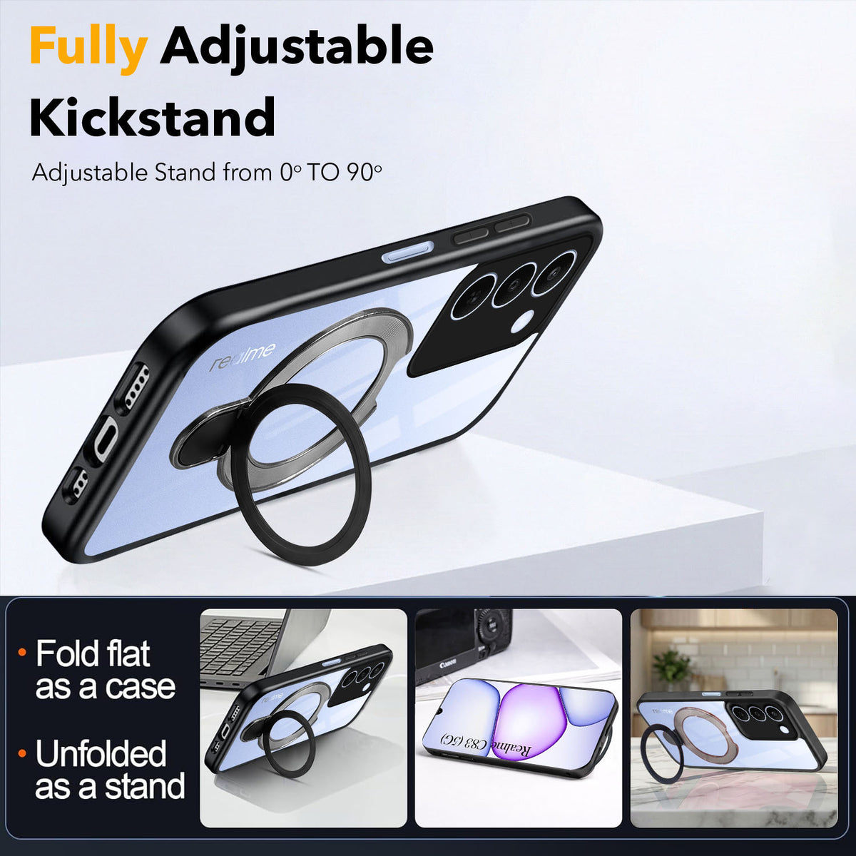 For Realme C83 5G Back Cover Case (Kick Stand Ring Holder | Life time Anti Yellow | Camera Protection)