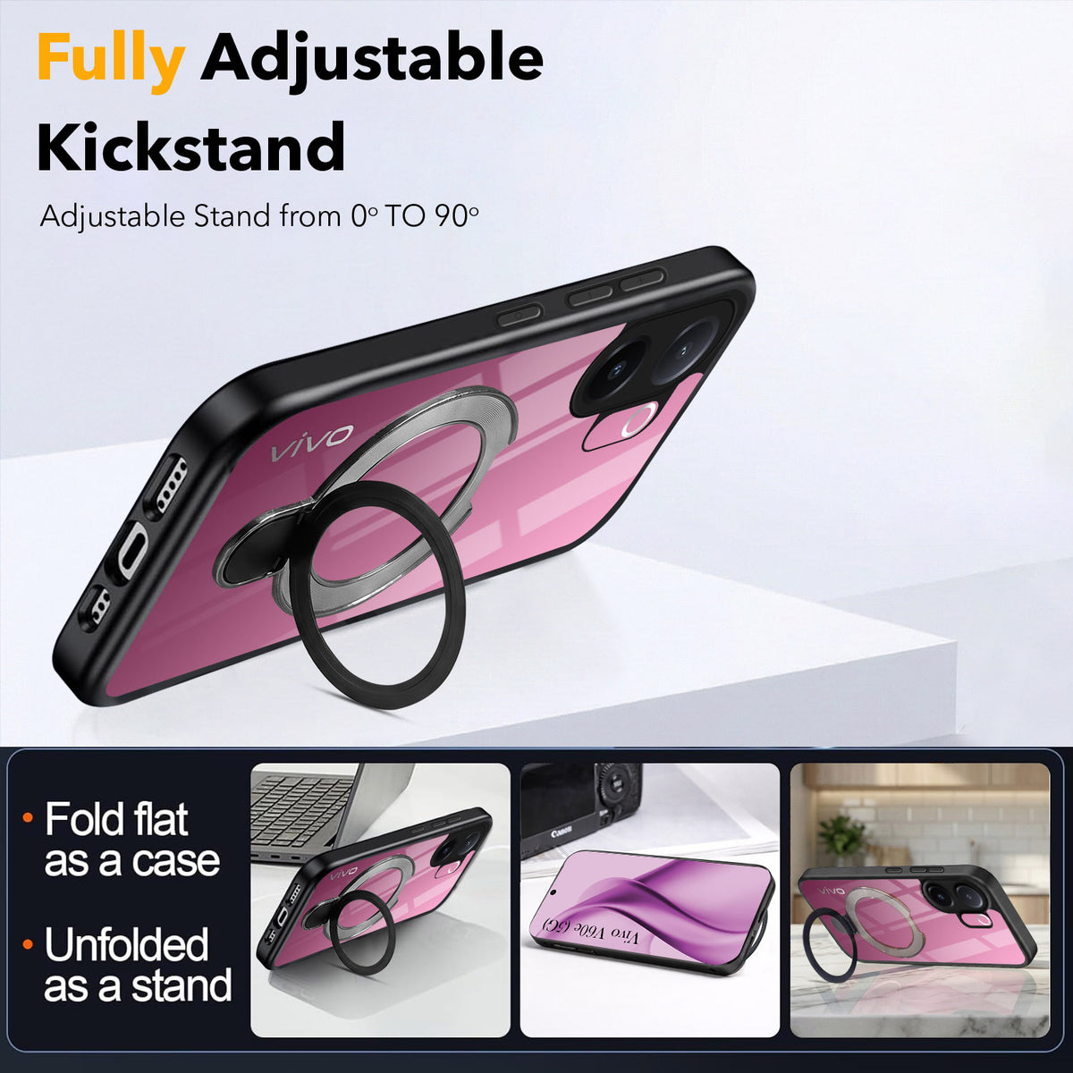 For Vivo V60e Back Cover Case (Kick Stand Ring Holder | Life time Anti Yellow | Camera Protection)