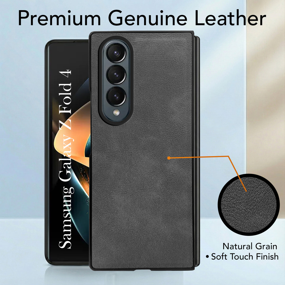 For Samsung Galaxy Z Fold 4 5G Back Case Cover Premium Genuine Leather (Integrated Front Screen Protector | Inside Microfiber Cloth)