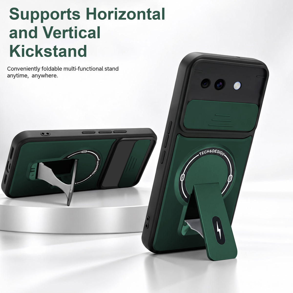 For Google Pixel 10a Back Case Cover Metallic (Hybrid Armor Kickstand | Sliding Shutter Camera Protection | MagSafe Compatible)