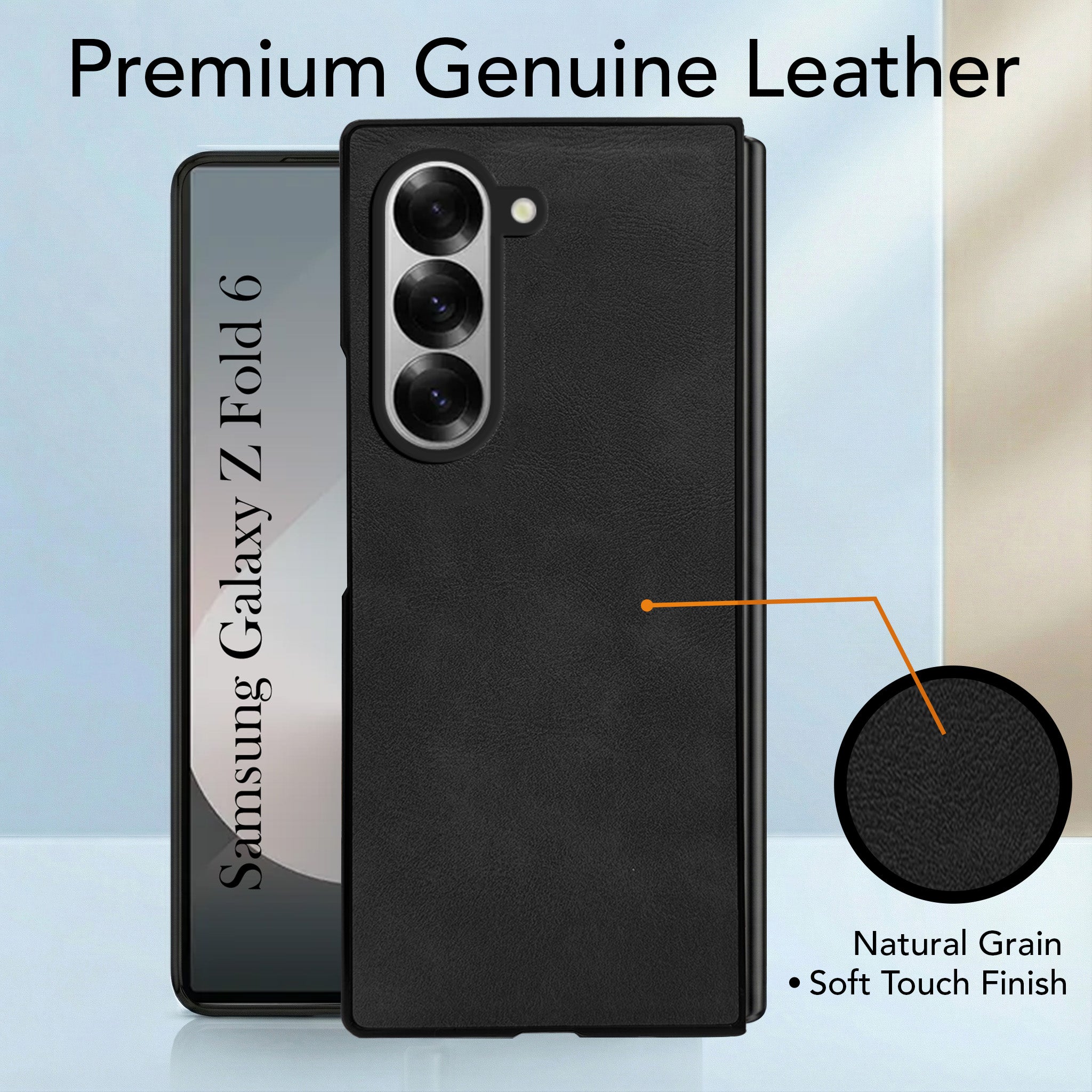 For Samsung Galaxy Z Fold 6 Back Case Cover Premium Genuine Leather (Integrated Front Screen Protector | Inside Microfiber Cloth)