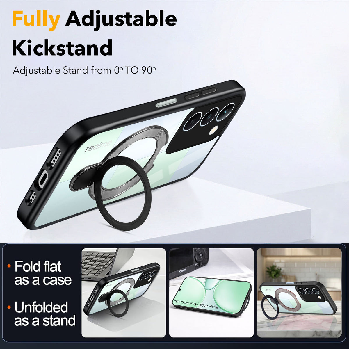For Realme P4 Lite 5G | Narzo 100 Lite 5G Back Cover Case (Kick Stand Ring Holder | Life time Anti Yellow | Camera Protection)