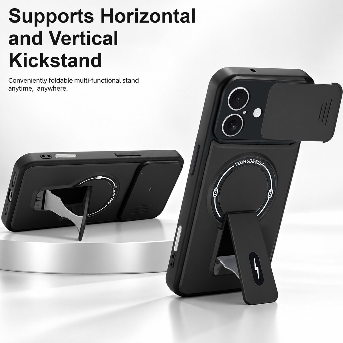 For Apple iPhone 17 Back Case Cover Metallic (Hybrid Armor Kickstand | Sliding Shutter Camera Protection | MagSafe Compatible)