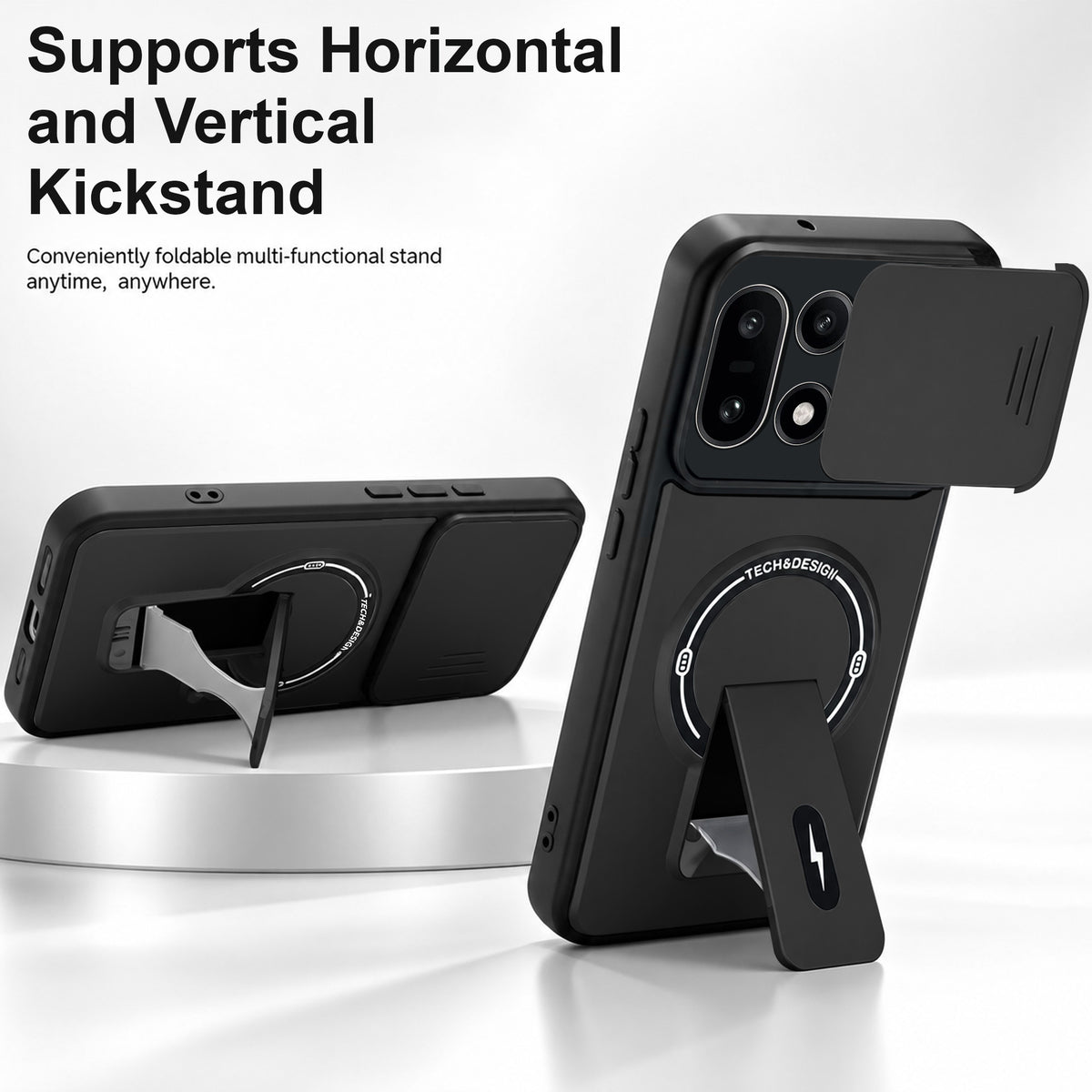 For OnePlus 15 5G Back Case Cover Metallic (Hybrid Armor Kickstand | Sliding Shutter Camera Protection | MagSafe Compatible)