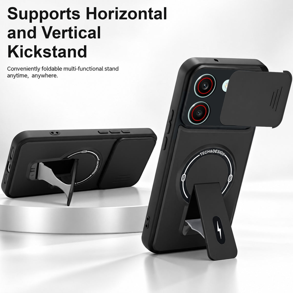 For Redmi Turbo 5 Back Case Cover Metallic (Hybrid Armor Kickstand | Sliding Shutter Camera Protection | MagSafe Compatible)