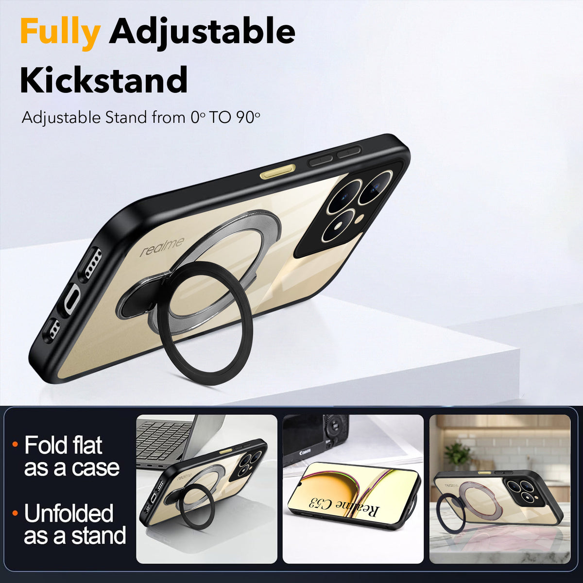 For Realme C53 Back Cover Case (Kick Stand Ring Holder | Life time Anti Yellow | Camera Protection)