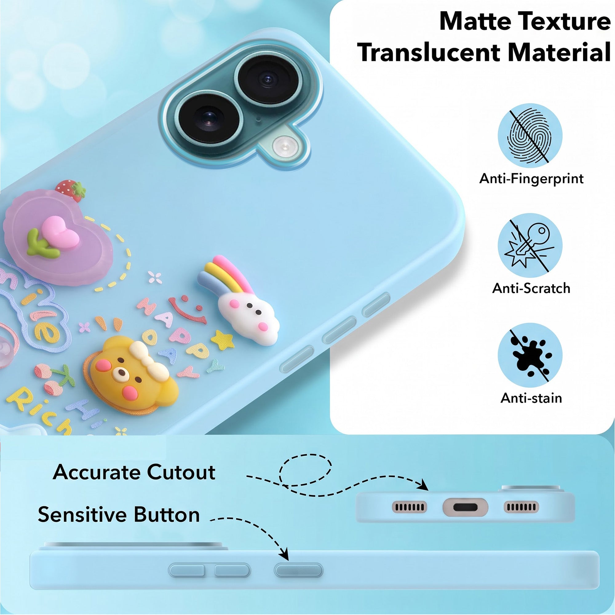 For Apple iPhone 16 Back Cover Case (3D Cute Cartoons | Hard Back Side Soft | Matte Premium Finish | HD Printing)