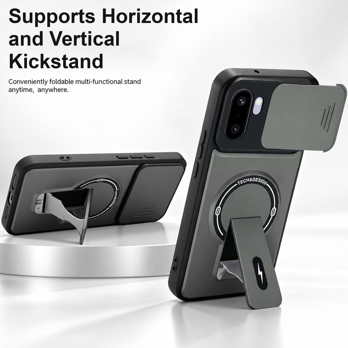 For OnePlus 15R Back Case Cover Metallic (Hybrid Armor Kickstand | Sliding Shutter Camera Protection | MagSafe Compatible)