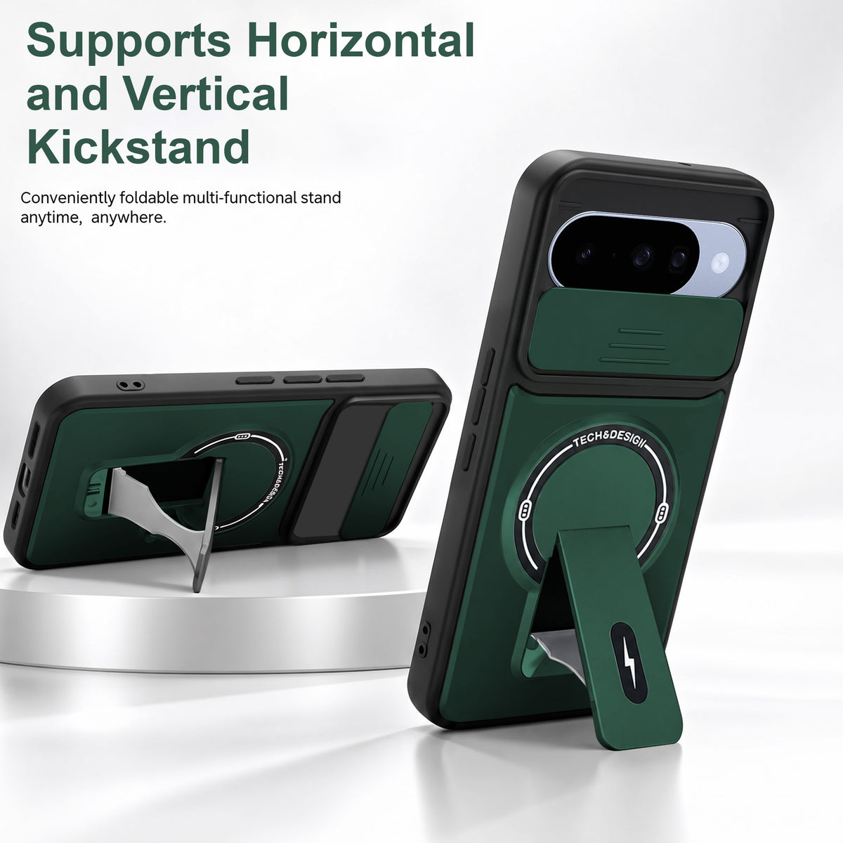 For Google Pixel 10 Back Case Cover Metallic (Hybrid Armor Kickstand | Sliding Shutter Camera Protection | MagSafe Compatible)