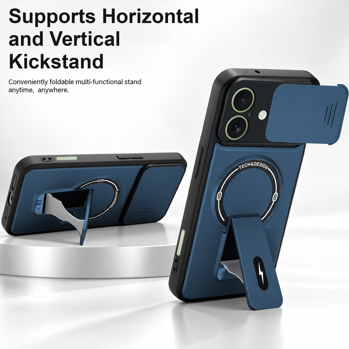 For Apple iPhone 16 Back Case Cover Metallic (Hybrid Armor Kickstand | Sliding Shutter Camera Protection | MagSafe Compatible)