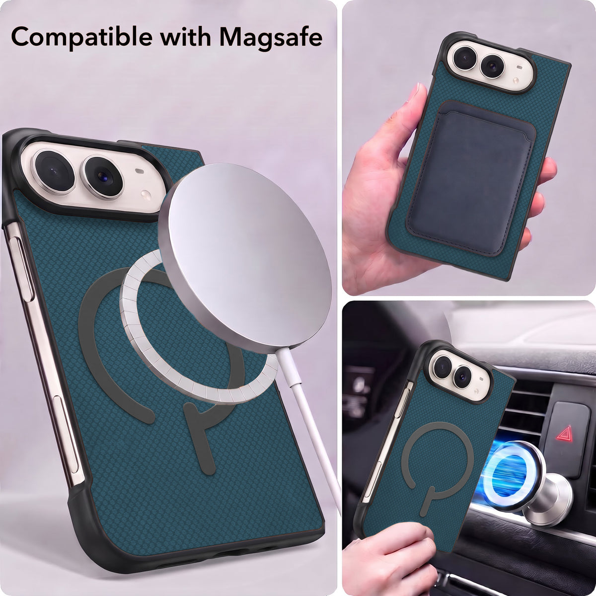 For Apple iPhone Duo Premium Magnetic Back Cover Case (MagSafe Compatible | 180° Folding Design | Soft Microfiber Inner Lining | Textured Blue Finish)