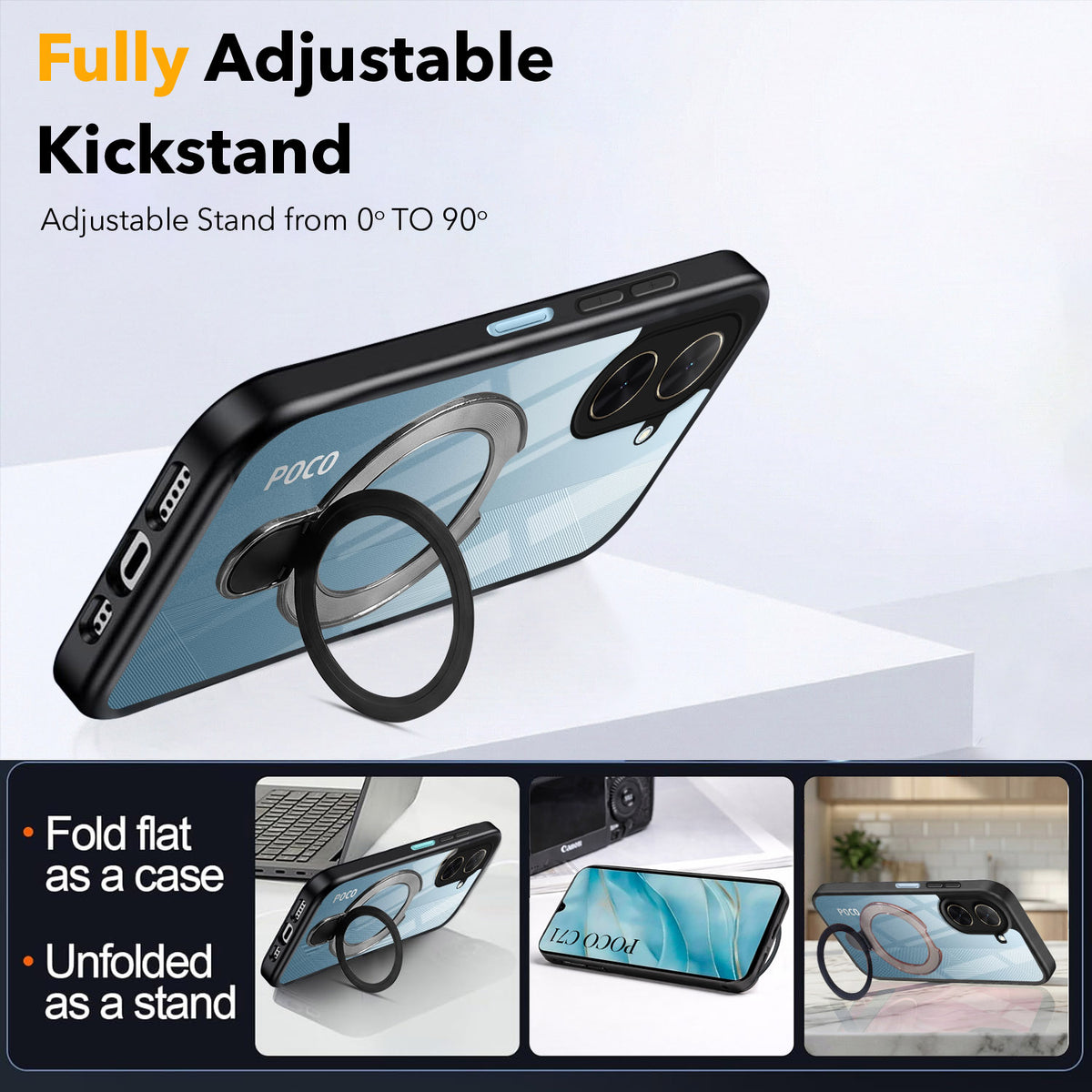 For Poco C71 Back Cover Case (Kick Stand Ring Holder | Life time Anti Yellow | Camera Protection)
