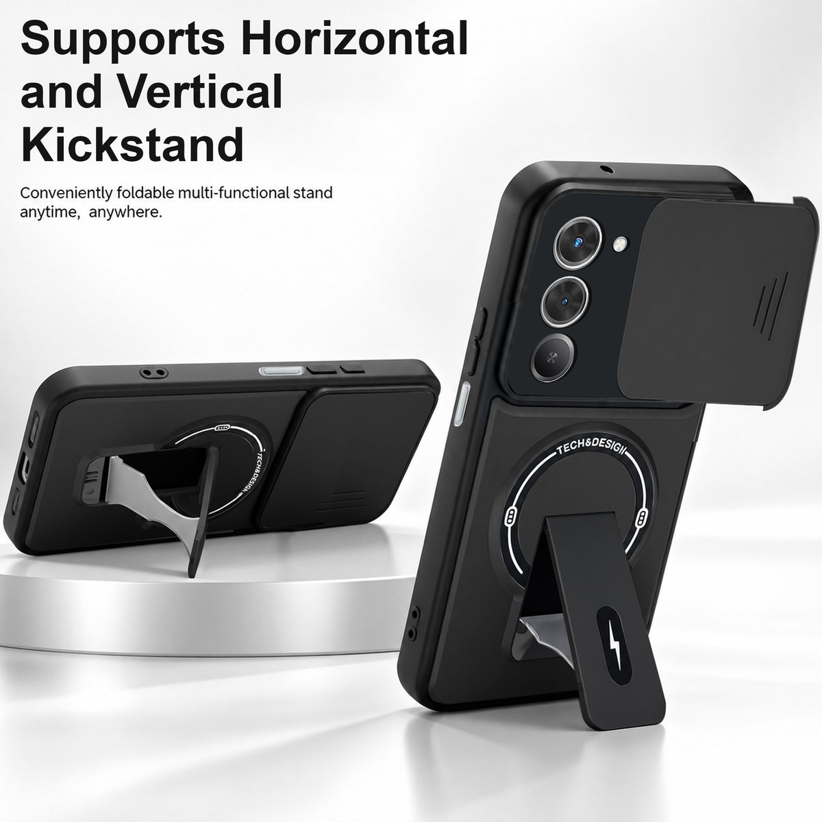 For Redmi 15 Back Case Cover Metallic (Hybrid Armor Kickstand | Sliding Shutter Camera Protection | MagSafe Compatible)