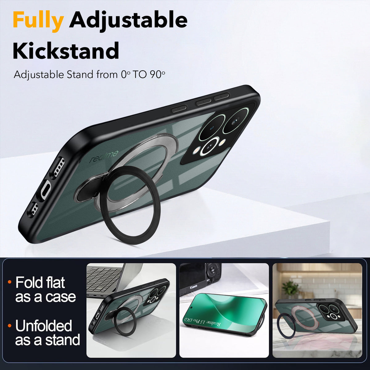 For Realme 15 Pro Back Cover Case (Kick Stand Ring Holder | Life time Anti Yellow | Camera Protection)