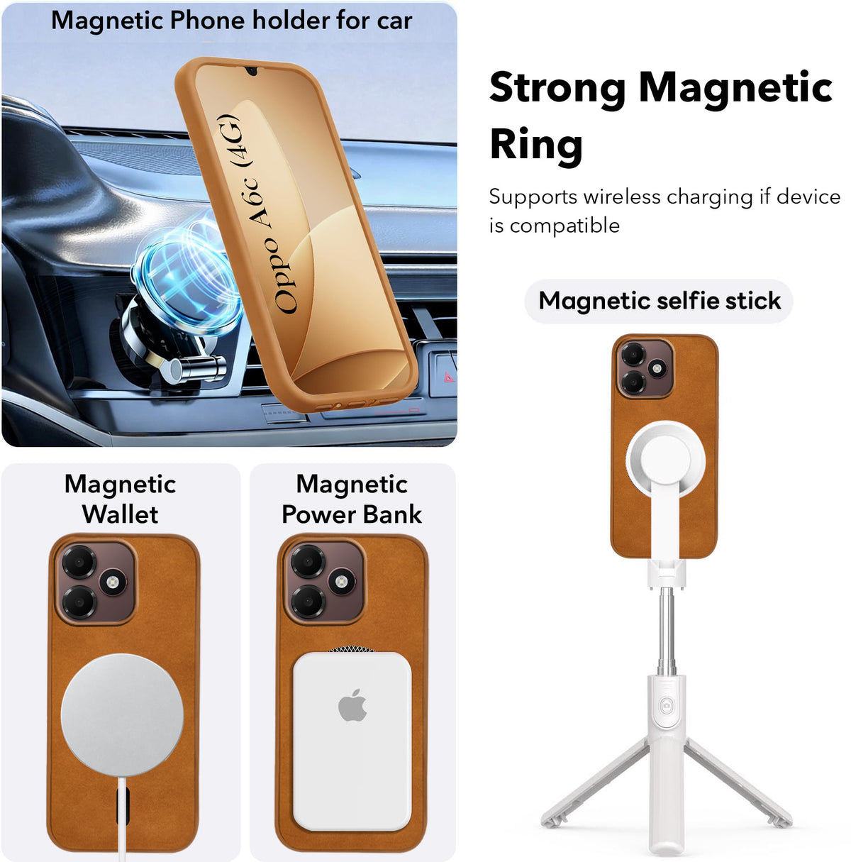 For Oppo A6c 4G Back Cover Case Leather Finish (MagSafe Compatible Wireless Charging | Soft Touch | Camera Bump Protection)