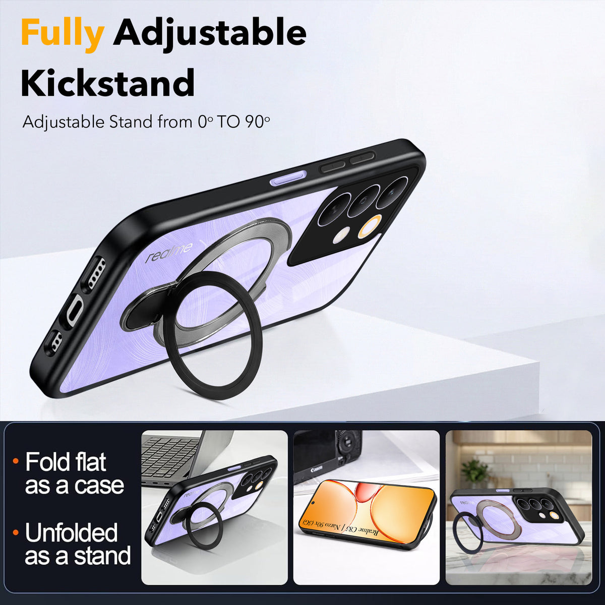 For Realme C85 5G | Realme Narzo 90x Back Cover Case (Kick Stand Ring Holder | Life time Anti Yellow | Camera Protection)