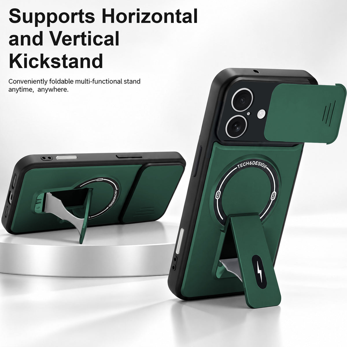 For Apple iPhone 17 Back Case Cover Metallic (Hybrid Armor Kickstand | Sliding Shutter Camera Protection | MagSafe Compatible)