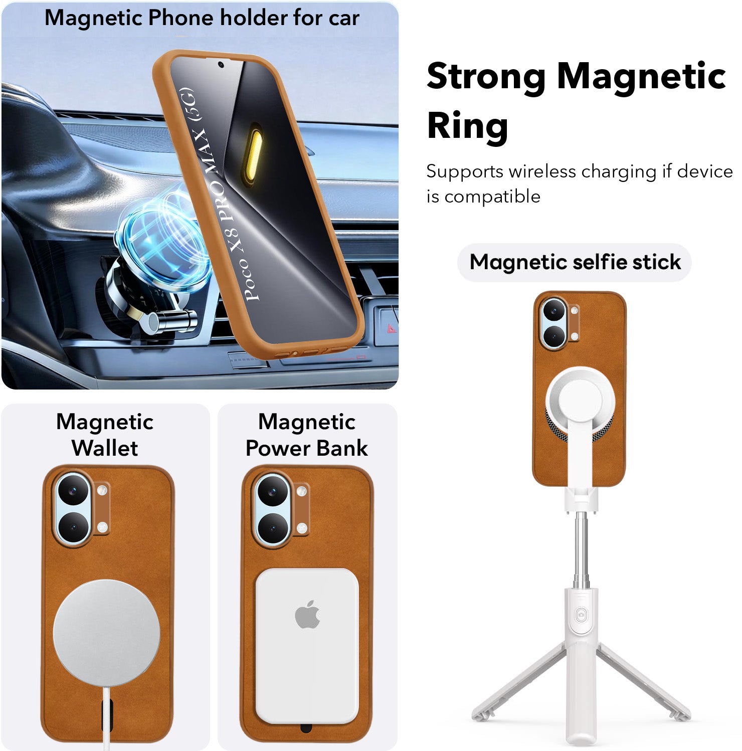 For Poco X8 Pro Max 5G Back Cover Case Leather Finish (MagSafe Compatible Wireless Charging | Soft Touch | Camera Bump Protection)