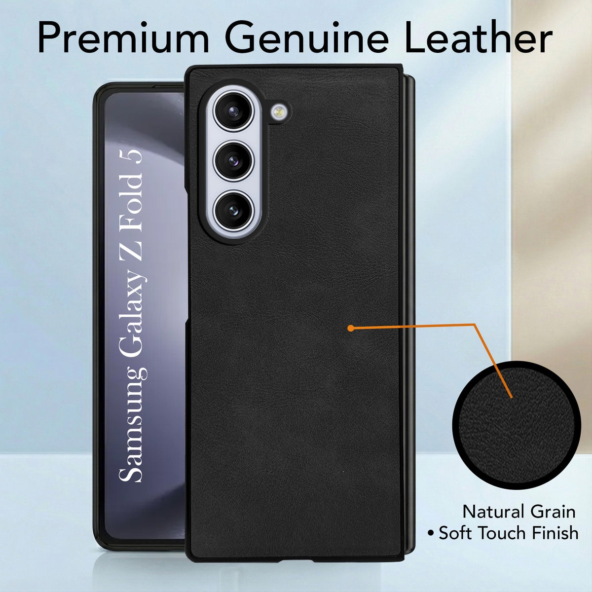 For Samsung Galaxy Z Fold 5 Back Case Cover Premium Genuine Leather (Integrated Front Screen Protector | Inside Microfiber Cloth)